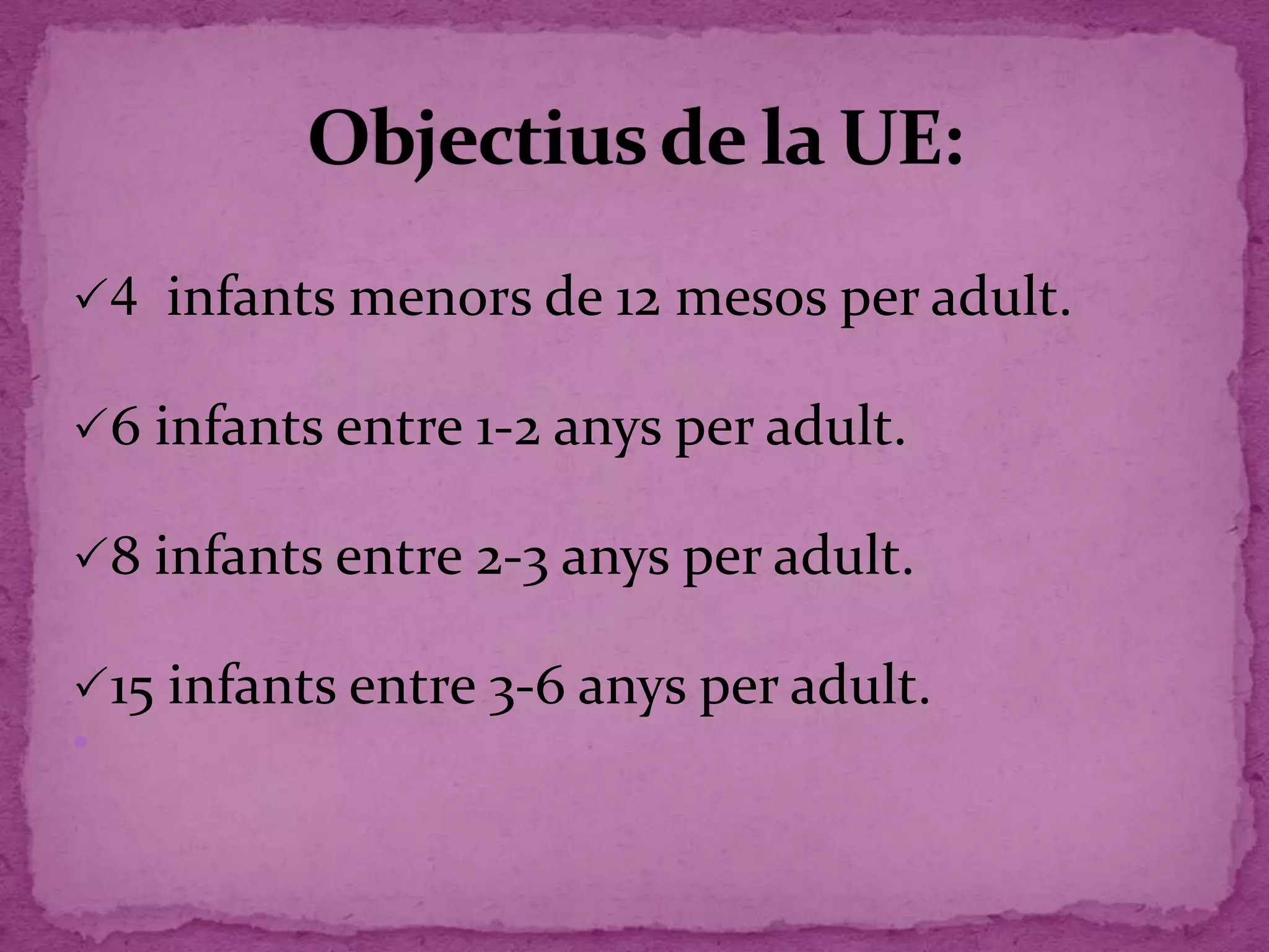 4 infants menors de 12 mesos per adult.
6 infants entre 1-2 anys per adult.
8 infants entre 2-3 anys per adult.
15 infants entre 3-6 anys per adult.

 