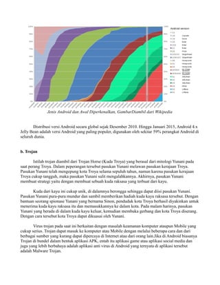 Jenis Android dan Awal Diperkenalkan, GambarDiambil dari Wikipedia
Distribusi versi Android secara global sejak Desember 2010. Hingga Januari 2015, Android 4.x
Jelly Bean adalah versi Android yang paling populer, digunakan oleh sekitar 59% perangkat Android di
seluruh dunia.
b. Trojan
Istilah trojan diambil dari Trojan Horse (Kuda Troya) yang berasal dari mitologi Yunani pada
saat perang Troya. Dalam peperangan tersebut pasukan Yunani melawan pasukan kerajaan Troya.
Pasukan Yunani telah mengepung kota Troya selama sepuluh tahun, namun karena pasukan kerajaan
Troya cukup tangguh, maka pasukan Yunani sulit mengalahkannya. Akhirnya, pasukan Yunani
membuat strategi yaitu dengan membuat sebuah kuda raksasa yang terbuat dari kayu.
Kuda dari kayu ini cukup unik, di dalamnya berongga sehingga dapat diisi pasukan Yunani.
Pasukan Yunani pura-pura mundur dan sambil memberikan hadiah kuda kayu raksasa tersebut. Dengan
bantuan seorang spionase Yunani yang bernama Sinon, penduduk kota Troya berhasil diyakinkan untuk
menerima kuda kayu raksasa itu dan memasukkannya ke dalam kota. Pada malam harinya, pasukan
Yunani yang berada di dalam kuda kayu keluar, kemudian membuka gerbang dan kota Troya diserang.
Dengan cara tersebut kota Troya dapat dikuasai oleh Yunani.
Virus trojan pada saat ini berkaitan dengan masalah keamanan komputer ataupun Mobile yang
cukup serius. Trojan dapat masuk ke komputer atau Mobile dengan melalui beberapa cara dan dari
berbagai sumber yang kurang dapat dipercaya di Internet atau dari orang lain.Jika di Android biasanya
Trojan di bundel dalam bentuk aplikasi APK, entah itu aplikasi game atau aplikasi social media dan
juga yang lebih berbahaya adalah aplikasi anti virus di Android yang ternyata di aplikasi tersebut
adalah Malware Trojan.
 