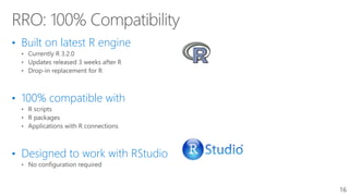 • Built on latest R engine
• 100% compatible with
• Designed to work with RStudio
16
 