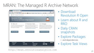 • Download
Revolution R Open
• Learn about R and
RRO
• Daily CRAN
snapshots
• Explore Packages
• Explore Task Views
21
 