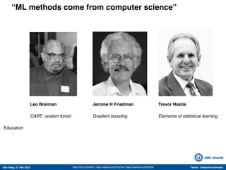 Den Haag, 21 Feb 2022 Twitter: @MaartenvSmeden
“ML methods come from computer science”
https://bit.ly/2zhbwPv; https://stanford.io/2TVp1xK; https://stanford.io/2ZfED0k
Leo Breiman Jerome H Friedman Trevor Hastie
CART, random forest Gradient boosting Elements of statistical learning
Education Physics/Math Physics Statistics
Job title Professor of Statistics Professor of Statistics Professor of Statistics
 