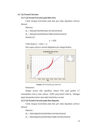 14
4.2 Uji Normal Univariat
4.2.1 Uji Normal Univariat pada Data Giro
Untuk menguji kenormalan pada data giro maka digunakan software
Minitab.
Hipotesis :
= Data giro berdistribusi normal univariat
= Data giro berdistribusi tidak normal univariat
Statistik Uji :
= 0,05
Tolak jika − <
Dari output software minitab didapatkan plot sebagai berikut,
Gambar 4.7 Probability plot data Giro
Interpretasi :
Dengan asumsi nilai signifikasi sebesar 0.05, pada gambar 4.7
menunjukkan nilai p-value sebesar <0,005 yang berarti tolak . Sehingga
dapat disimpulkan bahwa data tidak berdistribusi normal.
4.2.2 Uji Normal Univariat pada Data Deposito
Untuk menguji kenormalan pada data giro maka digunakan software
Minitab.
Hipotesis :
= Data deposito berdistribusi normal univariat
= Data deposito berdistribusi tidak normal univariat
70000006000000500000040000003000000200000010000000
99,9
99
95
90
80
70
60
50
40
30
20
10
5
1
0,1
Giro
Percent
Mean 3019796
StDev 1142062
N 60
AD 3,049
P-Value <0,005
Probability Plot of Giro
Normal
 