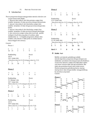 IV. PREPARE YOUR METODE
 Selection Sort
Proses pengurutan dengan menggunakan metode selection sort
secara terurut naik adalah :
1. Mencari data terkecil dari data pertama sampai data
terakhir, kemunian di tukar posisinya dengan data pertama.
2. mencari data terkecil dari data kedua sampai data
terakhir, kemudian di tukar dengan posisinya dengan data
kedua.
3. mencari data terkecil dari data ketiga sampai data
terakhir, kemudian di tukar posisinya dengan data ketiga
4. dan seterusnya sampai semua data turut naik. apabila
terdapat n buah data yang akan di urutkan, maka
membutukan (n - 1) langkah pengurutan,dimana data
terakhir yaitu data ke-n tidak perlu di urutkan karena
hanya tinggal satu satunya.
Contoh:
Proses 1
0 1 2 3 4 5
10 51 5 7 9 8
Pembanding Posisi
10<51 0
10>5 (tukar idx) 2
Tukarkan data ke-0 (10) dengan data ke-2 (5)
0 1 2 3 4 5
5 51 10 7 9 8
Proses 2
0 1 2 3 4 5
5 51 10 7 9 8
Pembanding Posisi
51>10(tukar idx) 1
10>7 (tukar idx) 7
Tukar data ke-1 (51) dengan data ke-3 (7)
0 1 2 3 4 5
5 7 10 51 9 8
Proses 3
0 1 2 3 4 5
5 7 10 51 9 8
Pembanding Posisi
10<51 2
10>9 (tukar idx) 2
Tukar data ke-2 (10) dengan data ke-5 (8)
0 1 2 3 4 5
5 7 8 51 9 10
Proses 4
0 1 2 3 4 5
5 7 8 51 9 10
Pembanding Posisi
51>9 (tukar idx) 3
Tukarkan data ke-3 (51) dengan data ke-4 (9)
0 1 2 3 4 5
5 7 8 9 51 10
Proses 5
0 1 2 3 4 5
5 7 81 9 51 10
Pembanding Posisi
51>10 (tukar idx) 4
Tukarkan data ke-4 (51) dengan data ke-5 (10)
0 1 2 3 4 5
5 7 8 9 10 51
Hasil: 5 7 8 9 10 51
 Bubble Sort
Bubble sort (metode gelembung) adalah
metode/algoritma pengurutan dengan dengan cara
melakukan penukaran data dengan tepat disebelahnya
secara terus menerus sampai bisa dipastikan dalam
satu iterasi tertentu tidak ada lagi perubahan.Jika
tidak ada perubahan berarti data sudah terurut.
Disebut pengurutan gelembung karena masing-
masing kunci akan dengan lambat menggelembung
ke posisinya yang tepat
Contoh :
Proses 1
10 51 5 7 9 8
10 51 5 7 8 9
10 51 5 7 8 8
10 51 5 7 9 8
10 5 51 7 9 8
5 10 5 7 9 8
Proses2
5 10 51 7 9 8
5 10 51 7 8 9
5 10 51 7 9 8
5 10 7 51 9 8
5 7 10 7 9 8
Proses3
5 7 10 51 9 8
5 7 10 51 8 9
5 7 10 8 51 8
5 7 8 10 9 8
 