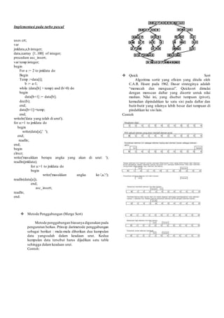 Implementasi pada turbo pascal
uses crt;
var
jmldata,a,b:integer;
data,x:array [1..100] of integer;
procedure asc_insert;
var temp:integer;
begin
For a := 2 to jmldata do
Begin
Temp :=data[i];
b := a-1;
while (data[b] > temp) and (b>0) do
begin
data[b+1] := data[b];
dec(b);
end;
data[b+1]:=temp;
end;
writeln('data yang telah di urut');
for a:=1 to jmldata do
begin
write(data[a],' ');
end;
readln;
end;
begin
clrscr;
write('masukkan berapa angka yang akan di urut: ');
readln(jmldata);
for a:=1 to jmldata do
begin
write('masukkan angka ke-',a,':');
readln(data[a]);
end;
asc_insert;
readln;
end.
 Metode Penggabungan (Merge Sort)
Metode penggabungan biasanya digunakan pada
pengurutan berkas. Prinsip darimetode penggabungan
sebagai berikut : mula-mula diberikan dua kumpulan
data yangsudah dalam keadaan urut. Kedua
kumpulan data tersebut harus dijadikan satu table
sehingga dalam keadaan urut.
Contoh:
 Quick Sort
Algoritma sortir yang efisien yang ditulis oleh
C.A.R. Hoare pada 1962. Dasar strateginya adalah
“memecah dan menguasai”. Quicksort dimulai
dengan menscan daftar yang disortir untuk nilai
median. Nilai ini, yang disebut tumpuan (pivot),
kemudian dipindahkan ke satu sisi pada daftar dan
butir-butir yang nilainya lebih besar dari tumpuan di
pindahkan ke sisi lain.
Contoh
 
