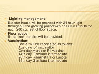     Lighting management:
   Brooder house will be provided with 24 hour light
    throughout the growing period with one 60 watt bulb for
    each 200 sq. feet of floor space.
   Floor space:
    81 sq. inch per bird will be provided.
   Vaccination:
           Broiler will be vaccinated as follows:
           Age days of vaccination
           One day Marek or F1 vaccine
           14th day Gambaro intermediate
           26th day Ranikhet F1 or Lasota.
           28th day Gambaro intermediate
 