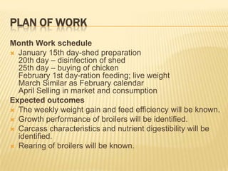 PLAN OF WORK
Month Work schedule
 January 15th day-shed preparation
  20th day – disinfection of shed
  25th day – buying of chicken
  February 1st day-ration feeding; live weight
  March Similar as February calendar
  April Selling in market and consumption
Expected outcomes
 The weekly weight gain and feed efficiency will be known.
 Growth performance of broilers will be identified.
 Carcass characteristics and nutrient digestibility will be
  identified.
 Rearing of broilers will be known.
 