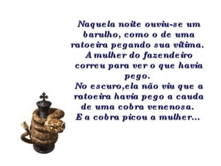 Naquela noite ouviu-se um barulho, como o de uma ratoeira pegando sua vítima.  A mulher do fazendeiro correu para ver o que havia pego.  No escuro,ela não viu que a ratoeira havia pego a cauda de uma cobra venenosa.  E a cobra picou a mulher...   
