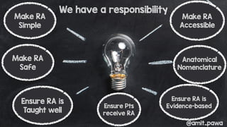 We have a responsibility
Make RA
Accessible
Anatomical
Nomenclature
Ensure RA is
Evidence-based
Make RA
Simple
Make RA
Safe
Ensure RA is
Taught well
Ensure Pts
receive RA
@amit_pawa
 