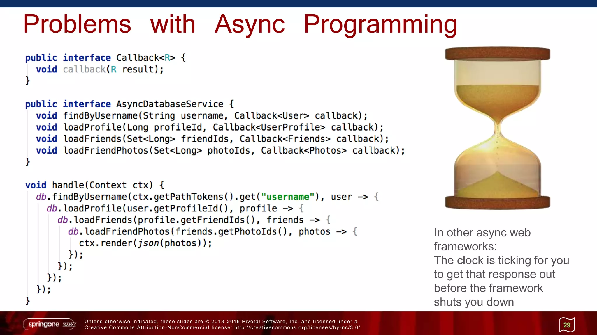 Unless otherwise indicated, these slides are © 2013 -2015 Pivotal Software, Inc. and licensed under a
Creative Commons Attribution-NonCommercial license: http://creativecommons.org/licenses/by-nc/3.0/
Problems with Async Programming
29
In other async web
frameworks:
The clock is ticking for you
to get that response out
before the framework
shuts you down
 