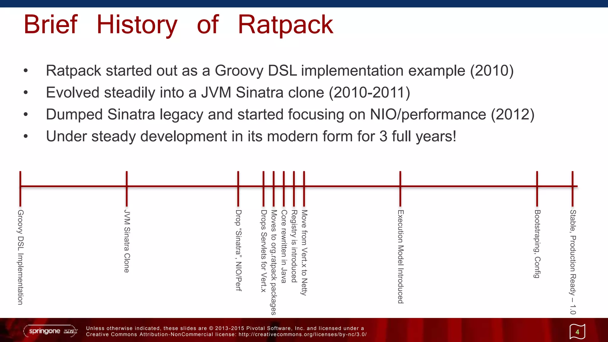Unless otherwise indicated, these slides are © 2013 -2015 Pivotal Software, Inc. and licensed under a
Creative Commons Attribution-NonCommercial license: http://creativecommons.org/licenses/by-nc/3.0/
Brief History of Ratpack
• Ratpack started out as a Groovy DSL implementation example (2010)
• Evolved steadily into a JVM Sinatra clone (2010-2011)
• Dumped Sinatra legacy and started focusing on NIO/performance (2012)
• Under steady development in its modern form for 3 full years!
4
GroovyDSLImplementation
JVMSinatraClone
Drop“Sinatra”,NIO/Perf
DropsServletsforVert.x
CorerewritteninJava
Movestoorg.ratpackpackages
ExecutionModelIntroduced
Bootstraping,Config
Registryisintroduced
MovefromVert.xtoNetty
Stable,ProductionReady–1.0
 