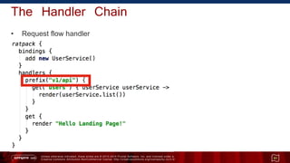 Unless otherwise indicated, these slides are © 2013 -2015 Pivotal Software, Inc. and licensed under a
Creative Commons Attribution-NonCommercial license: http://creativecommons.org/licenses/by-nc/3.0/
The Handler Chain
• Request flow handler
51
 