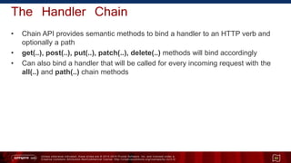 Unless otherwise indicated, these slides are © 2013 -2015 Pivotal Software, Inc. and licensed under a
Creative Commons Attribution-NonCommercial license: http://creativecommons.org/licenses/by-nc/3.0/
The Handler Chain
• Chain API provides semantic methods to bind a handler to an HTTP verb and
optionally a path
• get(..), post(..), put(..), patch(..), delete(..) methods will bind accordingly
• Can also bind a handler that will be called for every incoming request with the
all(..) and path(..) chain methods
53
 