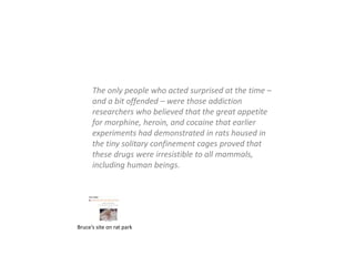 The only people who acted surprised at the time –
and a bit offended – were those addiction
researchers who believed that the great appetite
for morphine, heroin, and cocaine that earlier
experiments had demonstrated in rats housed in
the tiny solitary confinement cages proved that
these drugs were irresistible to all mammals,
including human beings.
Bruce’s site on rat park
 