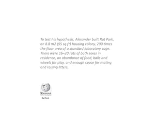 To test his hypothesis, Alexander built Rat Park,
an 8.8 m2 (95 sq ft) housing colony, 200 times
the floor area of a standard laboratory cage.
There were 16–20 rats of both sexes in
residence, an abundance of food, balls and
wheels for play, and enough space for mating
and raising litters.
Rat Park
 