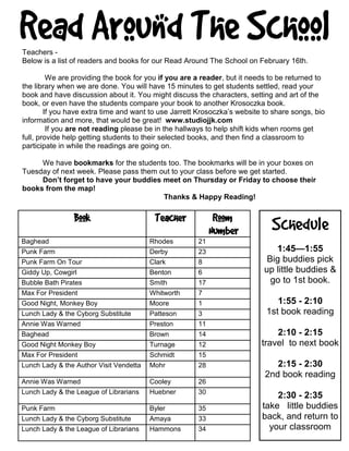Teachers -
Below is a list of readers and books for our Read Around The School on February 16th.

         We are providing the book for you if you are a reader, but it needs to be returned to
the library when we are done. You will have 15 minutes to get students settled, read your
book and have discussion about it. You might discuss the characters, setting and art of the
book, or even have the students compare your book to another Krosoczka book.
        If you have extra time and want to use Jarrett Krosoczka’s website to share songs, bio
information and more, that would be great! www.studiojjk.com
         If you are not reading please be in the hallways to help shift kids when rooms get
full, provide help getting students to their selected books, and then find a classroom to
participate in while the readings are going on.

     We have bookmarks for the students too. The bookmarks will be in your boxes on
Tuesday of next week. Please pass them out to your class before we get started.
     Don’t forget to have your buddies meet on Thursday or Friday to choose their
books from the map!
                                        Thanks & Happy Reading!

                Book                      Teacher           Room
                                                           Number            Schedule
Baghead                                  Rhodes       21
Punk Farm                                Derby        23                      1:45—1:55
Punk Farm On Tour                        Clark        8                     Big buddies pick
Giddy Up, Cowgirl                        Benton       6                    up little buddies &
Bubble Bath Pirates                      Smith        17                     go to 1st book.
Max For President                        Whitworth    7
Good Night, Monkey Boy                   Moore        1                       1:55 - 2:10
Lunch Lady & the Cyborg Substitute       Patteson     3                    1st book reading
Annie Was Warned                         Preston      11
Baghead                                  Brown        14                      2:10 - 2:15
Good Night Monkey Boy                    Turnage      12                  travel to next book
Max For President                        Schmidt      15
Lunch Lady & the Author Visit Vendetta   Mohr         28                      2:15 - 2:30
                                                                           2nd book reading
Annie Was Warned                         Cooley       26
Lunch Lady & the League of Librarians    Huebner      30
                                                                              2:30 - 2:35
Punk Farm                                Byler        35                  take little buddies
Lunch Lady & the Cyborg Substitute       Amaya        33                  back, and return to
Lunch Lady & the League of Librarians    Hammons      34                    your classroom
 