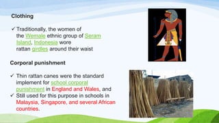 Clothing
 Traditionally, the women of
the Wemale ethnic group of Seram
Island, Indonesia wore
rattan girdles around their waist
Corporal punishment
 Thin rattan canes were the standard
implement for school corporal
punishment in England and Wales, and
 Still used for this purpose in schools in
Malaysia, Singapore, and several African
countries.
 