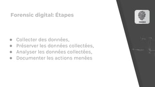 Forensic digital: Étapes
● Collecter des données,
● Préserver les données collectées,
● Analyser les données collectées,
● Documenter les actions menées
 