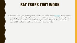 RAT TRAPS THAT WORK
• There are a few types of rat traps that work the best such as classic rat traps, electric rat traps,
live traps, glue traps etc.The classic traps are one of the most used ones and also work well.
They are made of wood or plastic and are being used since 100 years.They are one of the
most reliable methods to catch the rats at home without any risks.
 