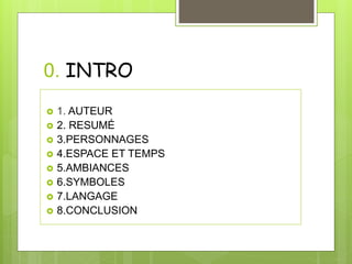 0. INTRO
 1. AUTEUR
 2. RESUMÉ
 3.PERSONNAGES
 4.ESPACE ET TEMPS
 5.AMBIANCES
 6.SYMBOLES
 7.LANGAGE
 8.CONCLUSION
 