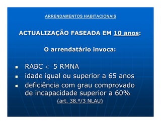 ARRENDAMENTOS HABITACIONAIS



ACTUALIZAÇÃO FASEADA EM 10 anos:

      O arrendatário invoca:


 RABC < 5 RMNA
 idade igual ou superior a 65 anos
 deficiência com grau comprovado
 de incapacidade superior a 60%
           (art. 38.º/3 NLAU)
 