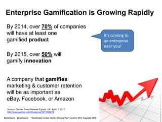 It’s Big Money!

 Market: from $100M in 2011 to over $2.8B in 2016

 Growth: from 155% in 2011 to 197% in 2012

 47% focus on user engagement

 Enterprise is the largest
 market segment

 Enterprise is 25% of the
 gamification market

 Source: M2: http://www.m2research.com/gamification.htm


Marta Rauch, @martarauch   "Gamification is Here: Build a Winning Plan" LavaCon 2012. Copyright 2012.
 