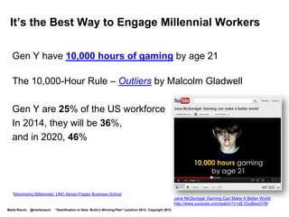 How Gamification Benefits Enterprises
        Increase user engagement
        Motivate participation
        Influence behavior
        Drive adoption,
         learning, loyalty
        Improve quality of service
        Increase efficiency
        Reduce time, costs                                                                             Bunchball http://www.bunchball.com/products


        Drive profits




Marta Rauch, @martarauch   "Gamification is Here: Build a Winning Plan" LavaCon 2012. Copyright 2012.
 