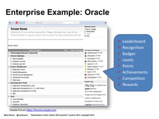 Enterprise Example: IBM
  Gamified products include IBM Connections



                                                                                                        Game-style
                                                                                                        onboarding,
                                                                                                        missions,
                                                                                                        levels,
                                                                                                        leaderboard




     Demo of Level Up for IBM Connections
     http://www.youtube.com/watch?v=rro5G0yLyeE&feature=relmfu

Marta Rauch, @martarauch   "Gamification is Here: Build a Winning Plan" LavaCon 2012. Copyright 2012.
 