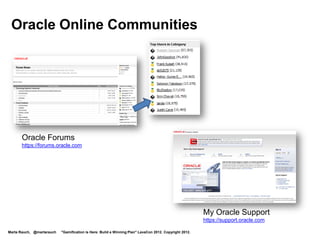 Oracle Online Communities




      Oracle Forums
      https://forums.oracle.com




                                                                                                        My Oracle Support
                                                                                                        https://support.oracle.com

Marta Rauch, @martarauch   "Gamification is Here: Build a Winning Plan" LavaCon 2012. Copyright 2012.
 