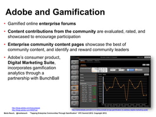 Praise Progress




                                                                                                                    Motivate players
                                                                                                                    and keep them
                                                                                                                    interested in the
                                                                                                                    game




    Microsoft PPT Ribbon


Marta Rauch, @martarauch   "Tapping Enterprise Communities Through Gamification“ STC Summit 2012. Copyright 2012.
 