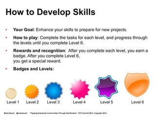 Oracle Is In the Game
• Gamified online enterprise communities:
  https://forums.oracle.com
  https://support.oracle.com
• Gamification focus group
• Blogs Games At Work, Part 1, Games at Work, Part 2,
  Apps UX Worldwide Gamification Design Jam
• Twitter: @GamifyOracleApps, #GamifyOracle hashtag




Marta Rauch, @martarauch   "Tapping Enterprise Communities Through Gamification“ STC Summit 2012. Copyright 2012.
 