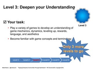What We Covered:
  • Strategies, tips, & best practices for
    enterprise communities
  • Enterprise gamification
  • Tech comm implications
  • Enterprise gamification examples
  • How to learn more                                                                                               Key Takeaway:
                                                                                                                    Enterprise
                                                                                                                    gamification
                                                                                                                    is here.
        Details are in our Summit Proceedings article
        and in our slides posted on SlideShare:
                                                                                                                    Be prepared!
        http://www.slideshare.net/MartaRauch

Marta Rauch, @martarauch   "Tapping Enterprise Communities Through Gamification“ STC Summit 2012. Copyright 2012.
 