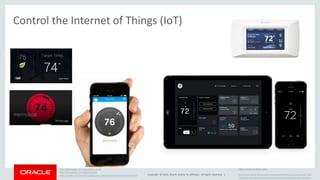 Control the Internet of Things (IoT) 
Copyright © 2014, Oracle and/or its affiliates. All rights reserved. | 
http://glassappz.com/apps/glass-nest/ 
http://glassappz.com/apps/revolv/ 
http://revolv.com/revolv-google-glass-the-future-of-home-automation/ 
https://www.ecobee.com/ 
http://yourhome.honeywell.com/home/Products/Accessories/Total 
+Connect+Comfort+Services/Total+Connect+Comfort+Services.htm 
 