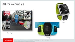 Copyright © 2014, Oracle and/or its affiliates. All rights reserved. | 
AR for wearables 
http://www.psfk.com/2013/10/google-glass-running-app.html 
http://www.crunchwear.com/tomtom-releases-smartwatch-aimed-golfers/ 
http://www.crunchwear.com/glassy-pro-one-smartwatch-surfer-dudes-dudettes/ 
Golf 
Surfing 
Running 
 