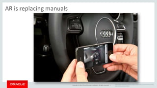 Copyright © 2014, Oracle and/or its affiliates. All rights reserved. | 
http://www.autoblog.com/2013/08/13/2015-audi-a3-augmented-reality-app- 
owners-manual-video/ 
AR is replacing manuals 
 