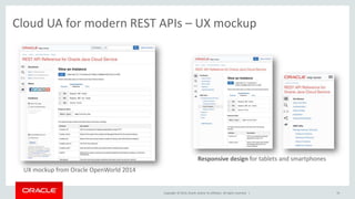 Cloud UA for modern REST APIs – UX mockup 
Copyright © 2014, Oracle and/or its affiliates. All rights reserved. | 
76 
Responsive design for tablets and smartphones 
UX mockup from Oracle OpenWorld 2014 
 