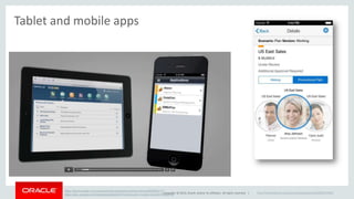 Copyright © 2014, Oracle and/or its affiliates. All rights reserved. | http://medianetwork.oracle.com/video/player/3630043914001 
Tablet and mobile apps 
https://itunes.apple.com/us/app/oracle-enterprise-performance/id845082117 
https://play.google.com/store/apps/details?id=oracle.epm.mobile.OracleEPM&hl=en 
 