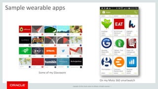 Copyright © 2014, Oracle and/or its affiliates. All rights reserved. | 
Sample wearable apps 
Some of my Glassware 
On my Moto 360 smartwatch 
 