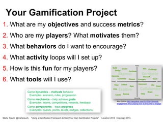 Your Gamification Project
1. What are my objectives and success metrics?

2. Who are my players? What motivates them?
3. What behaviors do I want to encourage?

4. What activity loops will I set up?
5. How is this fun for my players?

6. What tools will I use?
Game dynamics – motivate behavior
Examples: scenario, rules, progression
Game mechanics – help achieve goals
Examples: teams, competitions, rewards, feedback

Amy Jo Kim http://amyjokim.com/2012/09/19/socialengagement-whos-playing-how-do-they-like-to-engage/

Game components – track progress
Examples: quests, points, levels, badges, collections
Marta Rauch @martarauch,

"Using a Gamification Framework to Start Your Own Gamification Projects"

LavaCon 2013 Copyright 2013.

 