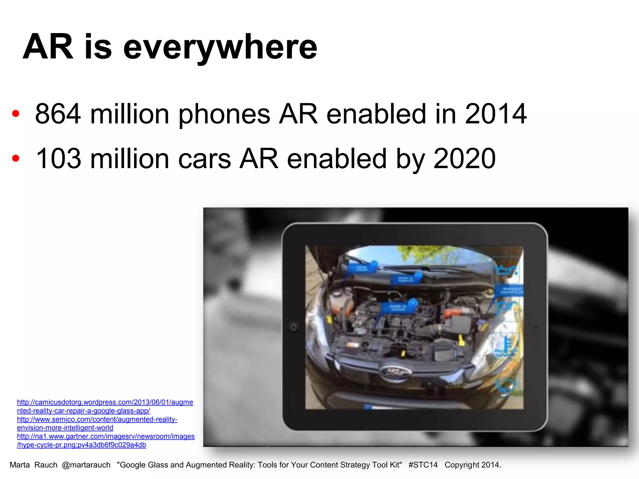 • 864 million phones AR enabled in 2014
• 103 million cars AR enabled by 2020
AR is everywhere
Marta Rauch @martarauch "Google Glass and Augmented Reality: Tools for Your Content Strategy Tool Kit" #STC14 Copyright 2014.
http://camicusdotorg.wordpress.com/2013/06/01/augme
nted-reality-car-repair-a-google-glass-app/
http://www.semico.com/content/augmented-reality-
envision-more-intelligent-world
http://na1.www.gartner.com/imagesrv/newsroom/images
/hype-cycle-pr.png;pv4a3db6f9c029a4db
 