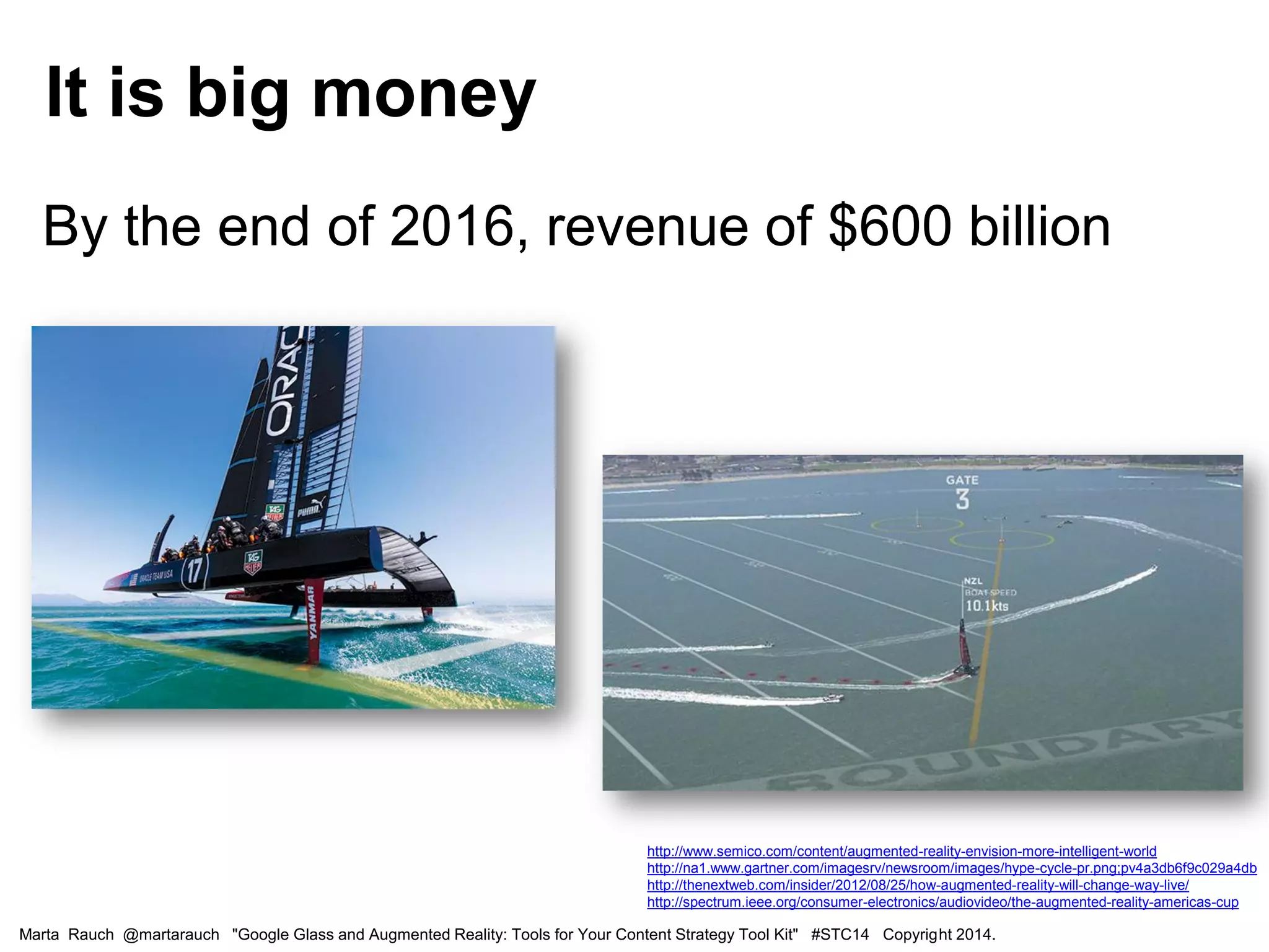 By the end of 2016, revenue of $600 billion
It is big money
Marta Rauch @martarauch "Google Glass and Augmented Reality: Tools for Your Content Strategy Tool Kit" #STC14 Copyright 2014.
http://www.semico.com/content/augmented-reality-envision-more-intelligent-world
http://na1.www.gartner.com/imagesrv/newsroom/images/hype-cycle-pr.png;pv4a3db6f9c029a4db
http://thenextweb.com/insider/2012/08/25/how-augmented-reality-will-change-way-live/
http://spectrum.ieee.org/consumer-electronics/audiovideo/the-augmented-reality-americas-cup
 