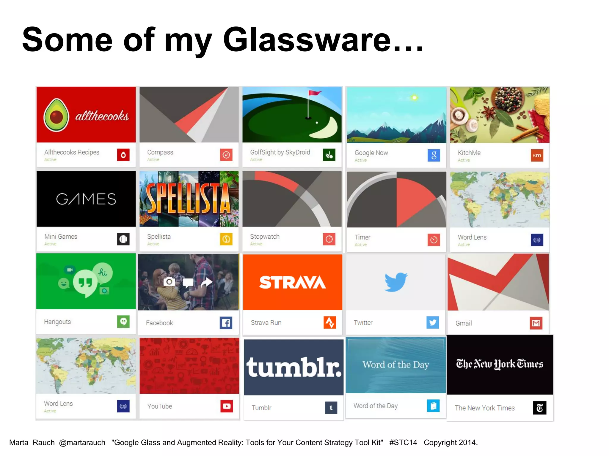 Marta Rauch @martarauch "Google Glass and Augmented Reality: Tools for Your Content Strategy Tool Kit" #STC14 Copyright 2014.
Some of my Glassware…
 