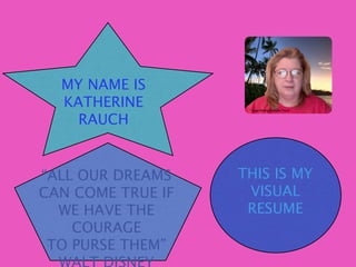 MY NAME IS
  KATHERINE         “Image Belongs to Kathy Rauch



    RAUCH


“ALL OUR DREAMS    THIS IS MY
CAN COME TRUE IF    VISUAL
      Text
  WE HAVE THE       RESUME
    COURAGE
 TO PURSE THEM”
 