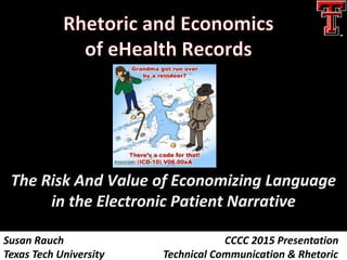 The Risk And Value of Economizing Language
in the Electronic Patient Narrative
Susan Rauch CCCC 2015 Presentation
Texas Tech University Technical Communication & Rhetoric
 