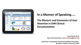 The Rhetoric and Economics of User
Attention in EHR Clinical
Documentation
In a Manner of Speaking…..
Susan Rauch, Ph.D.
Texas Tech University | susan.rauchttu@gmail.com
Conference: Transatlantic Connections Medical Humanities
Bundoran, Ireland | January 11, 2017
 