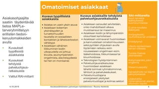4.10.2018 Asiakaslähtöisten palvelujen kehittäminen / Rauha Heikkilä 6
Asiakasohjaajilta
saatiin täydentävää
tietoa MAPLe-
tarveryhmittelyyn
erillisten tiedon-
keruulomakkeiden
avulla
 Kuvaukset
tyypillisistä
asiakkaista
 Kuvaukset
tehdyistä
palveluohjaus-
ratkaisuista
 Valitut RAI-mittarit
 