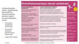 4.10.2018 Asiakaslähtöisten palvelujen kehittäminen / Rauha Heikkilä 9
Asiakasohjaajilta
saatiin täydentävää
tietoa MAPLe-
tarveryhmittelyyn
erillisten tiedon-
keruulomakkeiden
avulla
 Kuvaukset
tyypillisistä
asiakkaista
 Kuvaukset
tehdyistä
palveluohjaus-
ratkaisuista
 Valitut RAI-mittarit
 