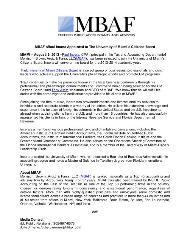 Mbaf S Raul Incera Appointed To The University Of Miami S Citizens Bo