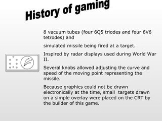History of gaming 8 vacuum tubes (four 6Q5 triodes and four 6V6 tetrodes) and  simulated missile being fired at a target.  Inspired by radar displays used during World War II.  Several knobs allowed adjusting the curve and speed of the moving point representing the missile.  Because graphics could not be drawn electronically at the time, small  targets drawn on a simple overlay were placed on the CRT by the builder of this game. 