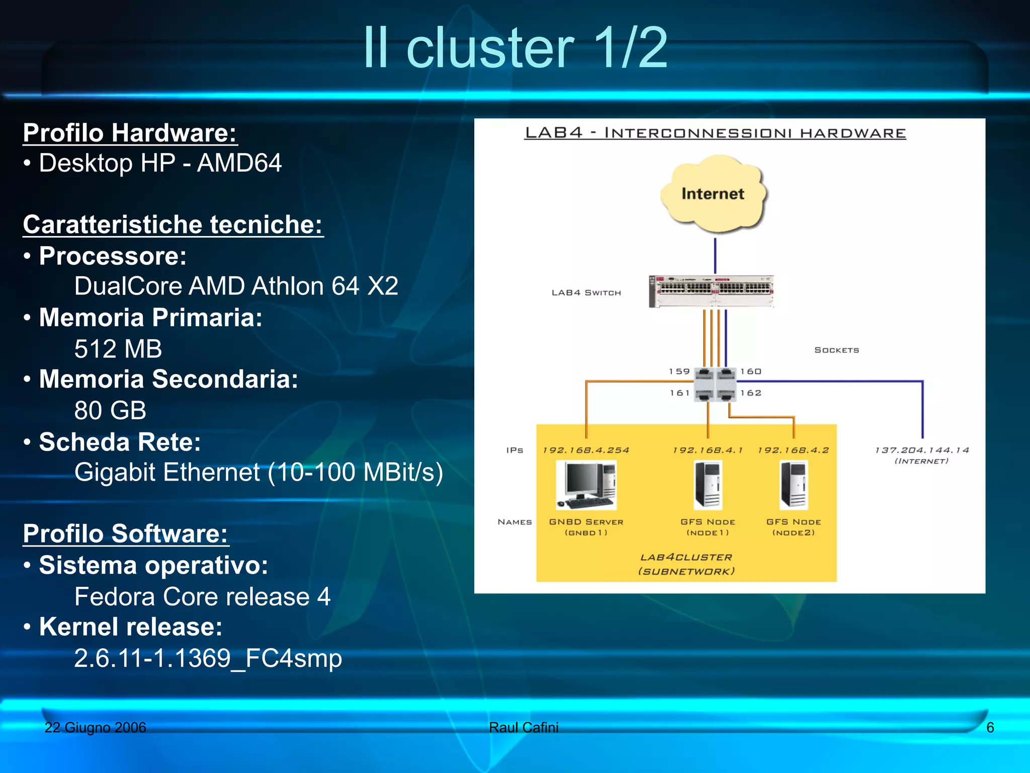 Il cluster 1/2
Profilo Hardware:
•  Desktop HP - AMD64

Caratteristiche tecniche:
•  Processore:
      DualCore AMD Athlon 64 X2
•  Memoria Primaria:
      512 MB
•  Memoria Secondaria:
      80 GB
•  Scheda Rete:
      Gigabit Ethernet (10-100 MBit/s)

Profilo Software:
•  Sistema operativo:
      Fedora Core release 4
•  Kernel release:
      2.6.11-1.1369_FC4smp

  22 Giugno 2006                         Raul Cafini   6
 
