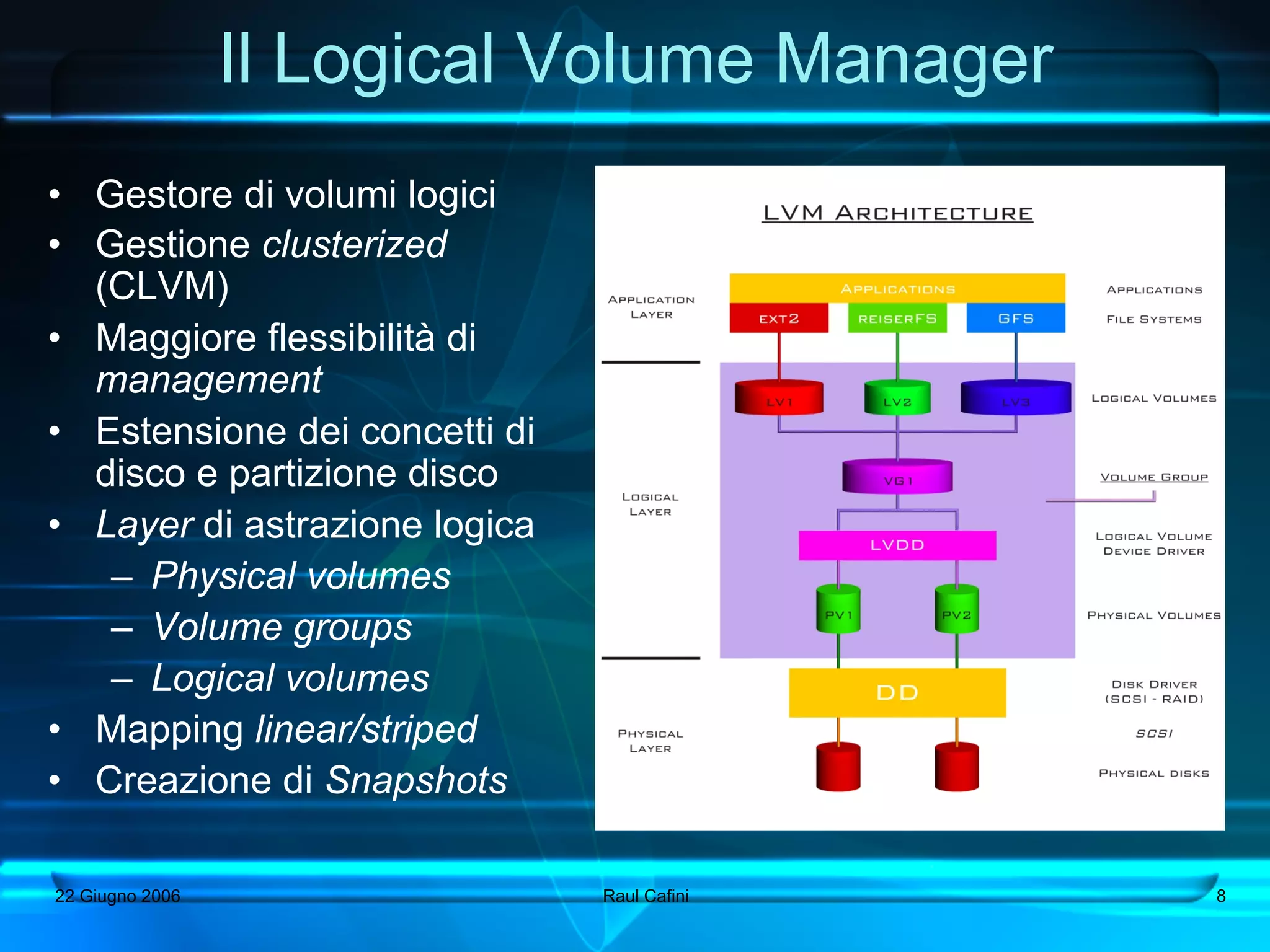 Il Logical Volume Manager
•  Gestore di volumi logici
•  Gestione clusterized
   (CLVM)
•  Maggiore flessibilità di
   management
•  Estensione dei concetti di
   disco e partizione disco
•  Layer di astrazione logica
    –  Physical volumes
    –  Volume groups
    –  Logical volumes
•  Mapping linear/striped
•  Creazione di Snapshots

22 Giugno 2006                  Raul Cafini   8
 